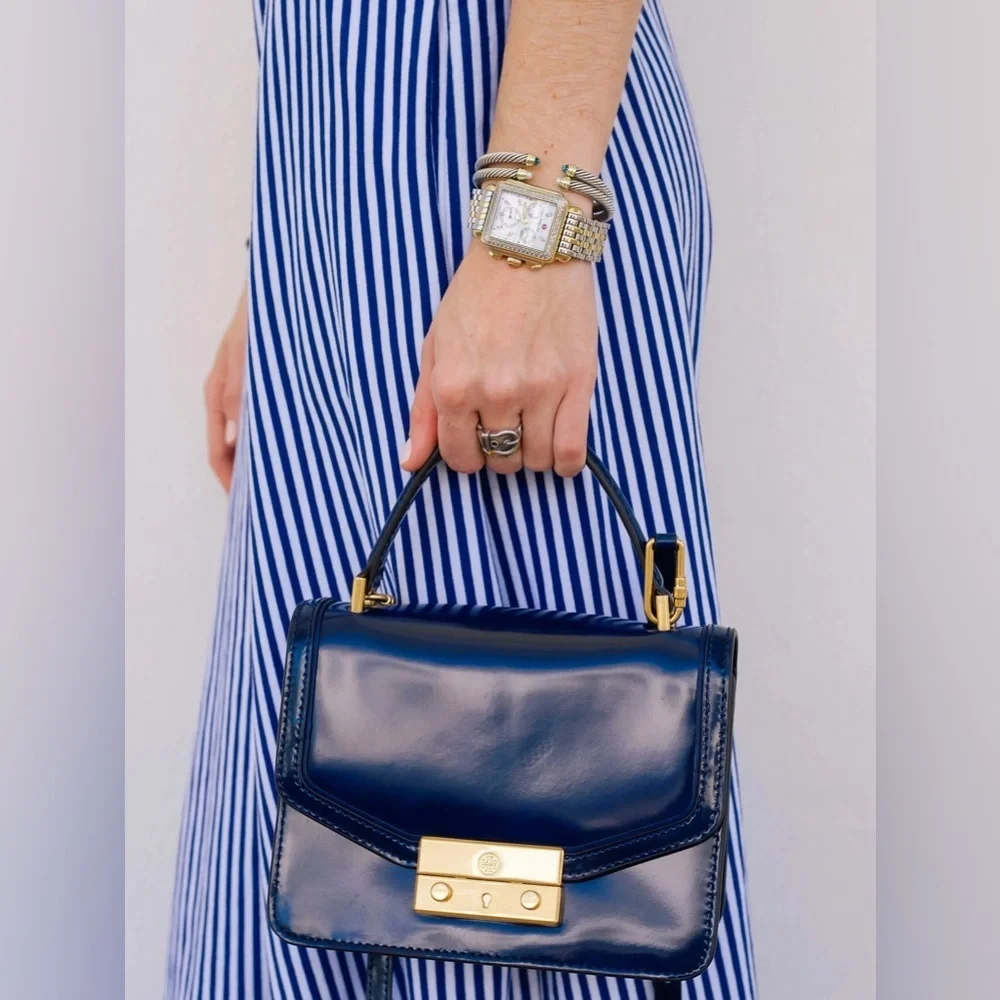Tory Burch Juliette 2 Way Crossbody Satchel Navy Leather Patent Mini Clutch